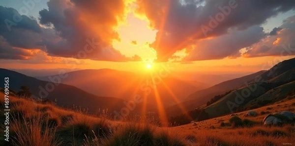 Obraz Golden hour sunrise rays bursting through the clouds, illuminating the landscape with warm, vibrant light  A breathtaking display of natural beauty , beams, peaceful