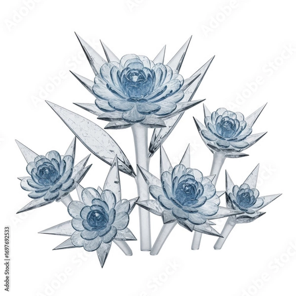 Fototapeta Photorealistic macro shot of intricate translucent crystalline blossoms with icy-blue petals, silver leaves, frosted glass stems on white background, concept of frozen ethereal beauty