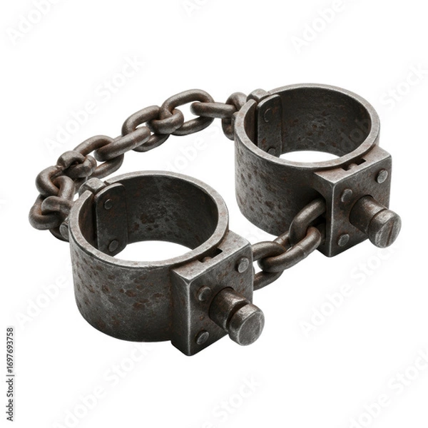 Fototapeta Aged wrought iron wrist shackles with dark oxidized patina, rust, and substantial chain, isolated on transparent with soft studio lighting, concept of historical artifact and age