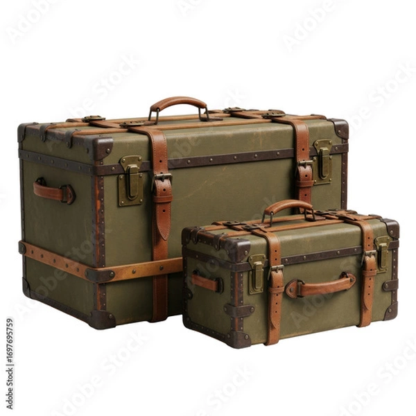 Fototapeta Two weathered olive green vintage explorer's trunks with worn leather straps and brass buckles on a transparent studio background, subtle shadows. Concept of historical adventure and discovery