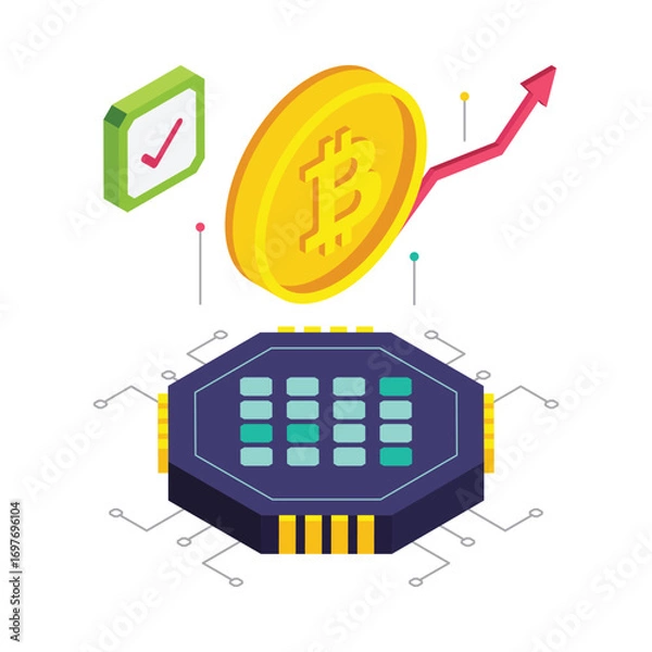 Fototapeta Glowing Bitcoin isometric vector illustration.