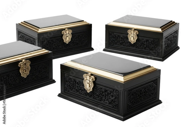 Fototapeta Three identical, luxurious dark ebony wood boxes with intricate carvings, polished bronze lids and ornate clasps, on a transparent studio background, concept of treasured luxury