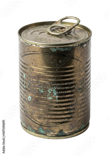 Fototapeta Patinated, dented oxidized bronze can with verdigris, tarnished top, bent pull tab, isolated on transparent background with copy space, concept of urban decay and forgotten relics