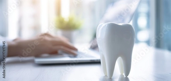 Fototapeta The Tooth Model On A Desk Next To A Laptop Representing Dental Care