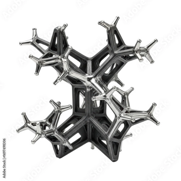 Fototapeta Stark, intricate geometric structures of charcoal gray forged steel and polished metallic silver, resembling stylized plant forms, against a transparent background. Concept of industrial artistry and