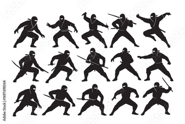 Fototapeta Stealth Warriors: A collection of ninja silhouettes showcases the art of stealth, agility, and combat. The image captures the essence of a silent warrior in dynamic poses.