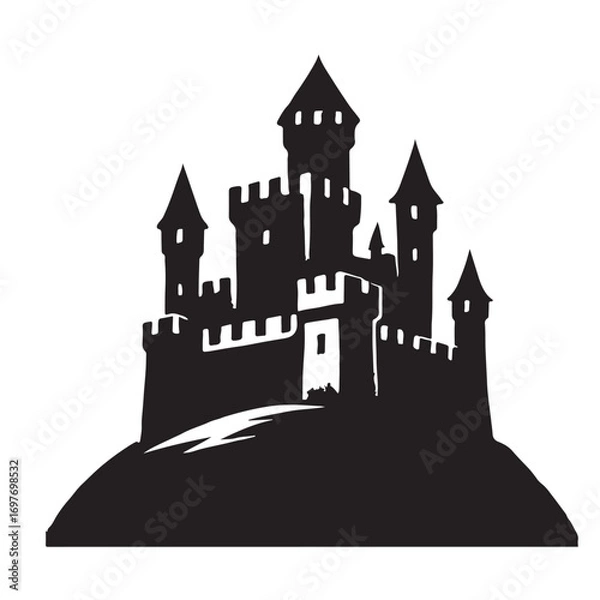 Fototapeta Mysterious Castle Silhouette: A majestic, gothic castle silhouette stands proudly atop a hill, evoking an atmosphere of history, magic, and enduring architectural prowess.