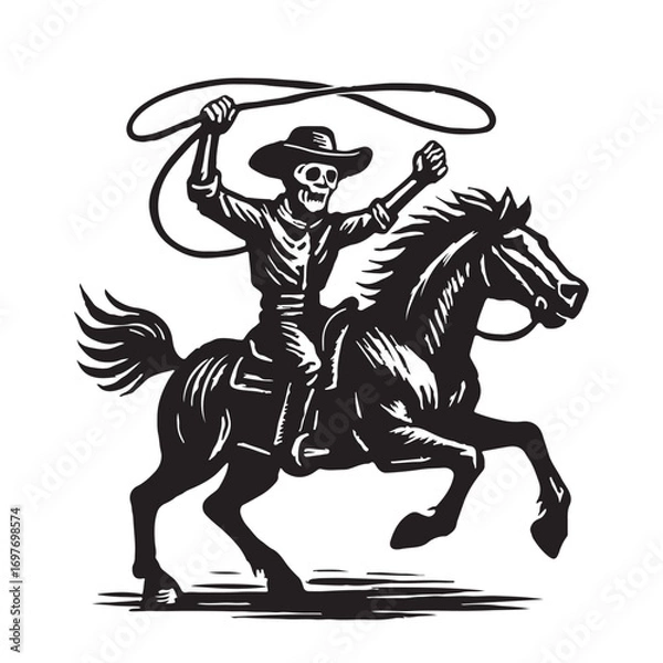 Fototapeta Cowboy Skeleton Riding a Horse: A monochrome illustration of a cowboy skeleton perched atop a horse, skillfully wielding a lasso, conveying a sense of adventure and the wild west spirit.