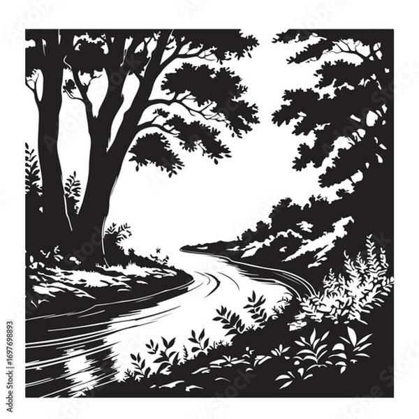 Fototapeta Ink Silhouette: A stunning ink silhouette of a flowing river gracefully winds its way through a dense forest landscape, the intricate details evoking a sense of timelessness and natural beauty.