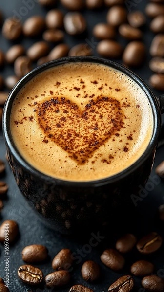Fototapeta Coffee cup with heart shaped cocoa froth art Images
