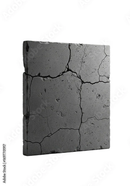 Fototapeta A large, deep charcoal gray concrete slab with a rugged, cracked texture against a bright white background, copy space above, soft studio lighting, concept of industrial durability