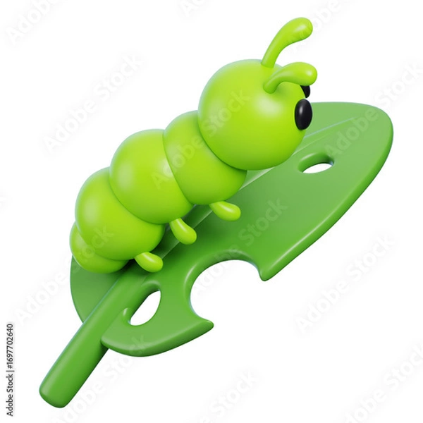 Obraz Green caterpillar on a leaf 3d render icon. Farming and gardening concept.