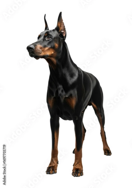 Fototapeta A majestic, muscular jet-black Doberman Pinscher with sleek coat, erect ears, and intense eyes, full-body on a transparent studio backdrop with copy space, concept of canine vigilance