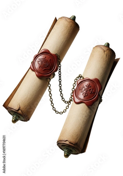 Fototapeta Two antique sepia scrolls, faded, with waxen arcane glyph seals, linked by tarnished brass chain, suspended on white, ancient wisdom, profound mystery.