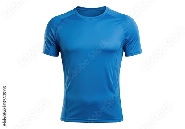 Fototapeta Vibrant electric blue high-performance t-shirt on ghost mannequin, synthetic fabric, mesh panels, ergonomic seams, white studio background, ample copy space, concept of athletic innovation
