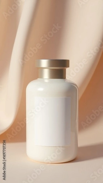 Fototapeta A minimalist cream bottle with a blank label sits on a muted beige surface, draped with soft folds of the same color.