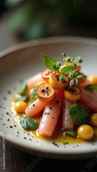 Obraz A delicate arrangement of vibrant pink and yellow seafood, garnished with fresh herbs and citrus, sits artfully on a plate, showcasing a refined culinary presentation.