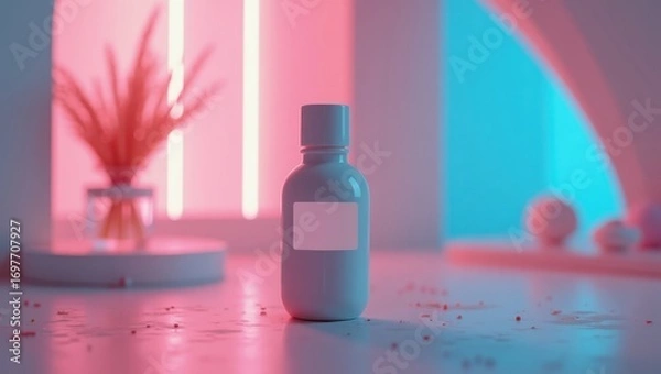 Obraz A stylish, blank bottle sits on a minimalist surface, bathed in vibrant neon lighting, showcasing a modern aesthetic.