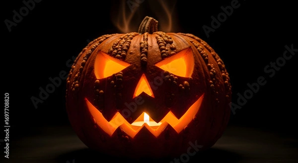 Fototapeta Illuminated Halloween Pumpkin with Bumpy Skin and Candlelight Glow