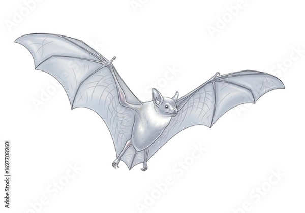 Fototapeta Elegant, highly stylized luminous pale silver fruit bat, iridescent sheen, delicate extended wings & intricate details, isolated on white background with copy space, concept of tranquil nature.