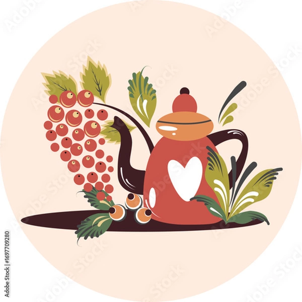 Fototapeta Vector Autumn Set with Red Teapot, nuts, flowers and Rowan Berries. Cozy autmn illustration for greeting card. Autumn food and hot drinks round composition. 