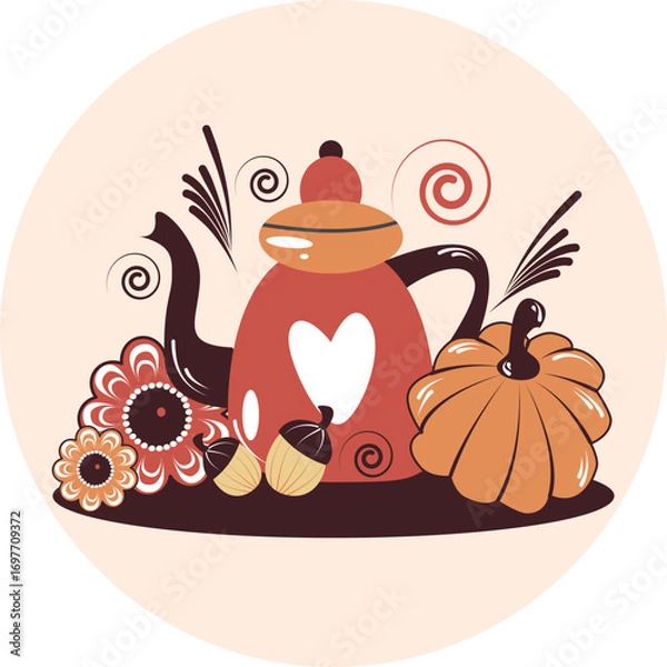 Fototapeta Vector Autumn Set with Red Teapot, Pumpkin, nuts, flowers and Rowan Berries. Cozy autmn illustration for greeting card. Autumn food and hot drinks round composition. 