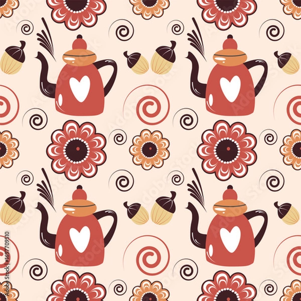 Fototapeta Vector Autumn seamless pattern of Red Teapot, nuts, flowers. Cozy autmn illustration.  Autumn pattern for fabrics, paper, textile, gift wrap