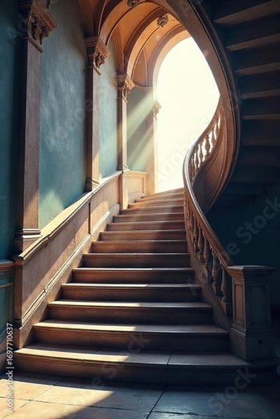 Obraz Dramatic Hollywood-style staircase ascending towards a bright, unseen space Perfect for themes of ambition, success, and the pursuit of dreams Architectural detail is stunning , movie, cinema