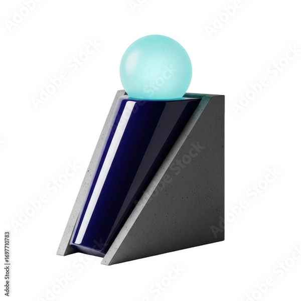 Fototapeta Precise conceptual wedge structure: indigo polished ceramic core, dark grey concrete shell, luminous cyan glass orb. Isolated on white with sharp studio light, minimalist art concept