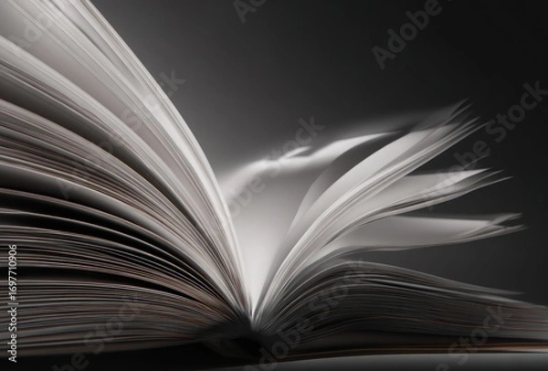 Fototapeta Open book close-up with blurred pages suggests flipping, reading, knowledge, or learning in a monochrome, almost magical setting