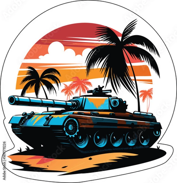 Obraz Retro Military Tank Vector at Tropical Sunset – Armored Vehicle Sticker with Palm Trees