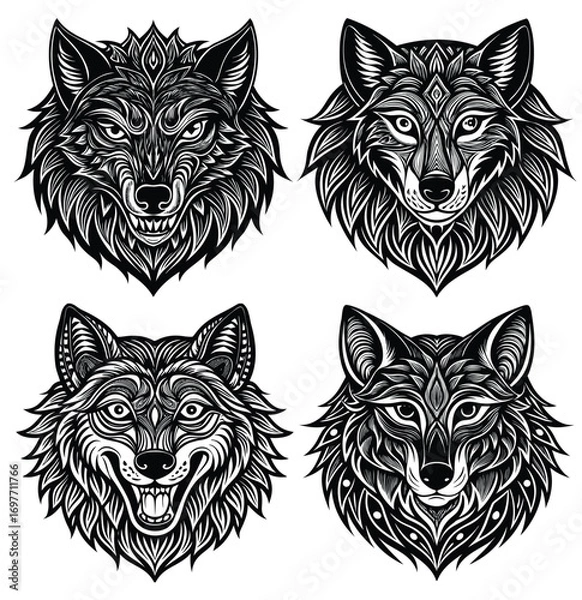 Obraz Set of 4 Intricate Wolf Head Illustrations — Black & White Vector Mascot, Tattoo, and Esports Logo Elements