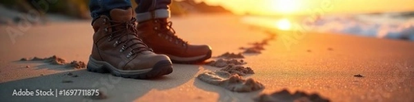 Obraz Close-up of well-worn hiking boots leaving prints in soft sand on a beach at sunset, signifying adventure and travel , sunset, boots