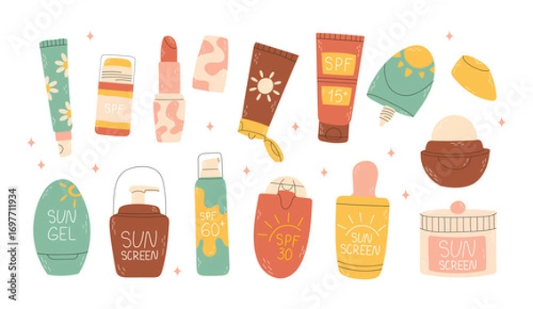 Fototapeta Bright set of cosmetics with SPF protection. Protection from sunlight. Products for the face, body and lips. Various bottles of cosmetics lotion, cream, spray, lipstick in different shapes of bottles