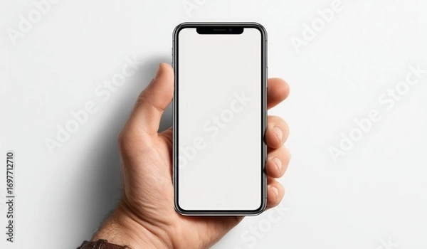 Fototapeta A close-up shot showcasing a hand holding a sleek, modern smartphone with a blank, white screen against a plain, bright background