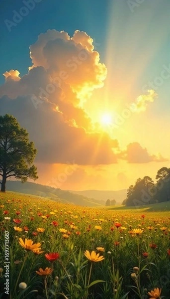 Obraz Golden sun rays bursting through fluffy clouds, illuminating a serene landscape Perfect for nature, weather, and summer themes Bright, warm, and optimistic imagery , light, atmosphere