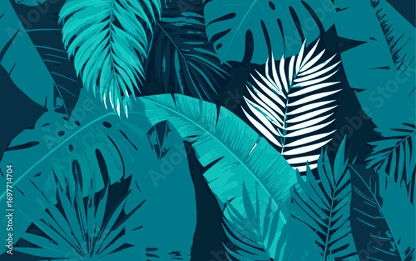 Fototapeta Dark tropical palm tree vectors with lush jungle leaves, creating exotic rainforest atmosphere, ideal for night backgrounds, posters, and bold eco-friendly design projects.