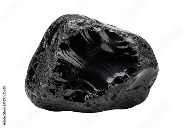 Fototapeta Deep black, unpolished, irregular obsidian with a matte, light-absorbing surface, isolated on a transparent background with copy space. Concept of raw earth power and natural geology