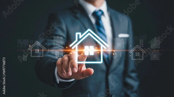 Fototapeta Real estate agent touching house icon, digital property investment, home buying and selling concept
