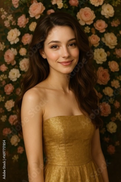 Fototapeta Golden Gown Radiance: A beautiful woman radiates elegance in a golden gown, set against a backdrop of delicate floral blooms, creating a timeless portrait of grace and poise.
