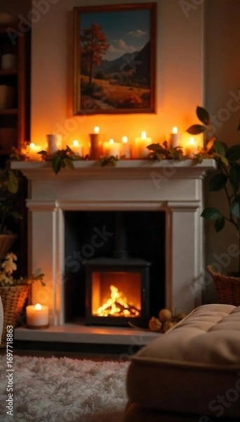 Obraz Cozy living room interior with burning candles on a mantelpiece, creating a warm and inviting ambiance Perfect for home decor, relaxation, and autumn themes , winter, shadows