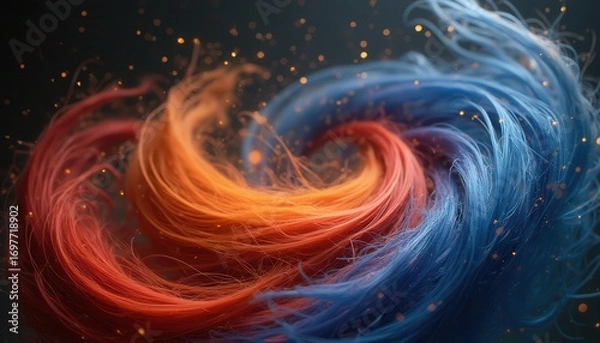 Fototapeta Swirling strands of red and blue hair with sparkles on dark background
