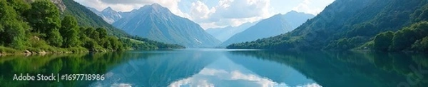 Obraz Serene mountain lake reflecting the majestic peaks, surrounded by lush green trees and tranquil waters Perfect for travel, nature, and environmental projects , mountain lake, trees, serene