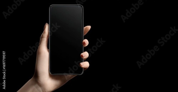 Fototapeta A hand holds a black rectangle (mobile phone) against a solid black background. The phone's screen is black, mirroring the surrounding space