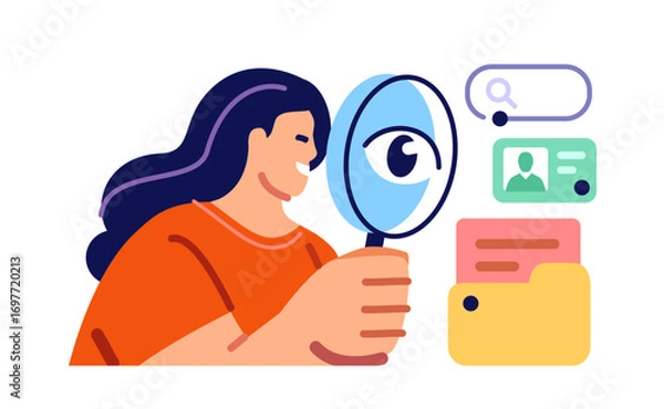 Fototapeta File search, inspection of archives. Woman holding magnifying glass to find files, looking and analyzes documents