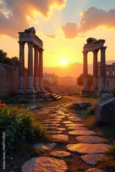 Obraz Serene sunrise over the Roman Forum, ancient ruins bathed in golden light, a peaceful meditation scene Perfect for travel, history, spirituality themes , atmospheric, spirituality, sunlight