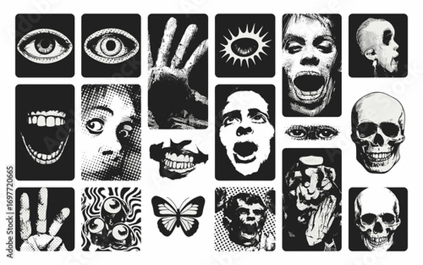 Fototapeta Black and White Horror Collection: Eye, Hand, Face, and Skull Vector Illustration Art for Graphic Design and Spooky Theme Projects