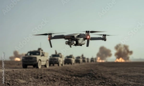 Fototapeta Advanced surveillance drone flying over a battlefield with military convoy and explosions