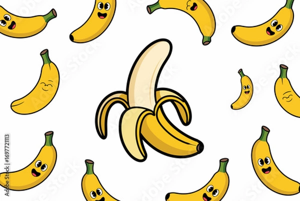 Fototapeta Cheerful Cartoon Bananas Background: A delightful pattern featuring happy banana characters, perfect for playful designs, food-related projects, or adding a touch of whimsical charm.