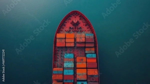 Fototapeta Aerial view of cargo ship transporting containers on ocean